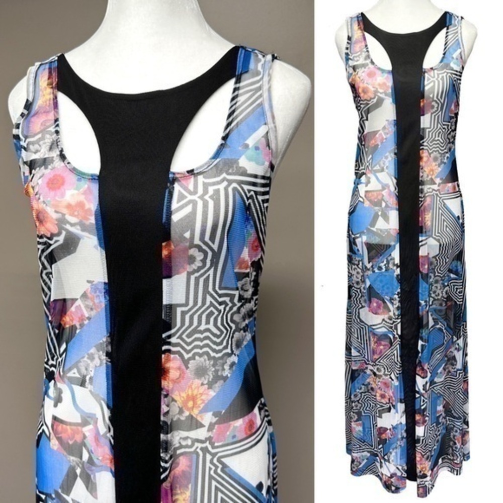Lynn Ritchie Silver Mesh Sheer Maxi Dress Y3K Cybercore Rave Futuristic Punk Med